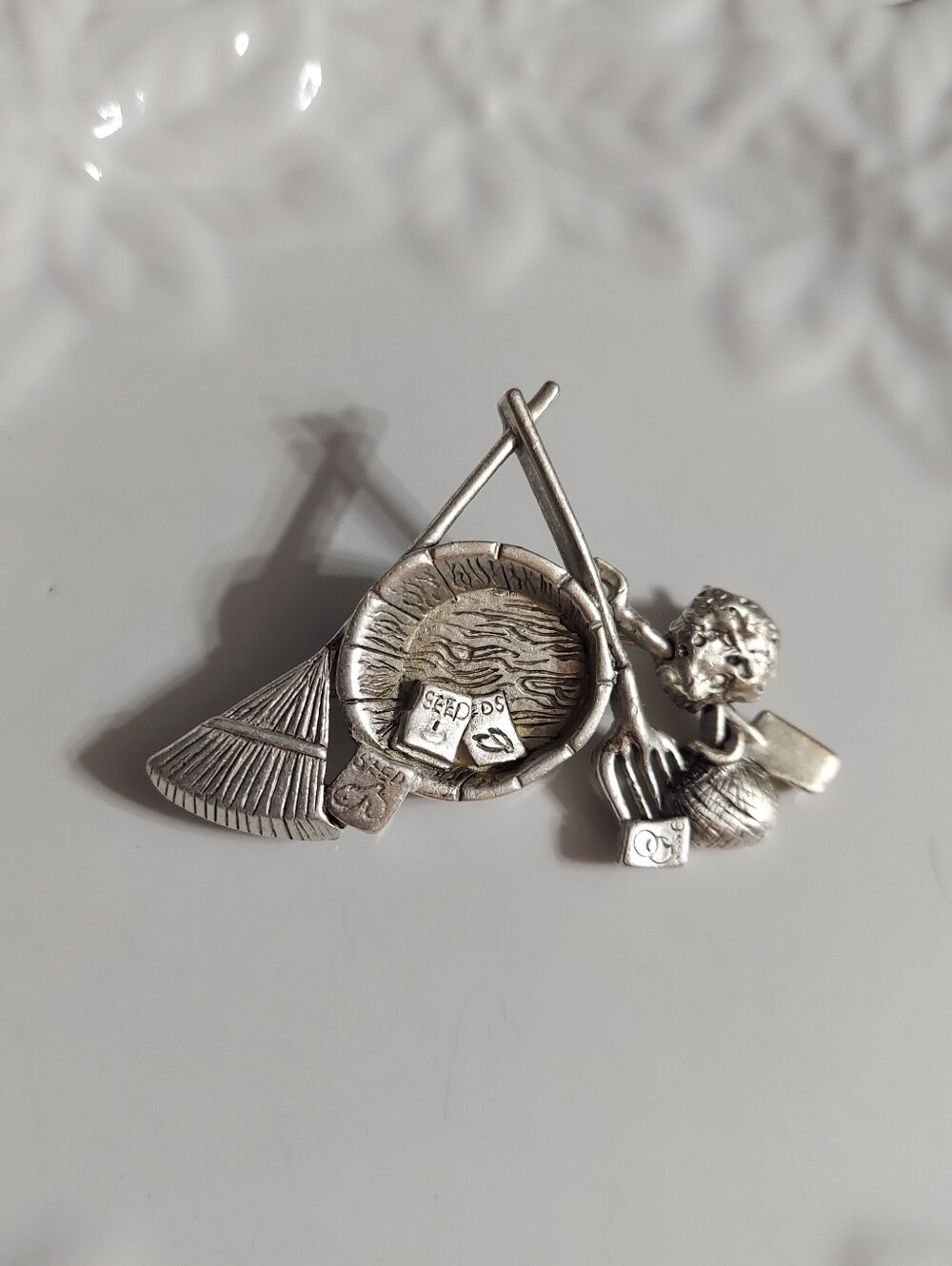Vintage Danecraft Pewter-Matte Silver/Garden Party Tools Brooch/Pin - Picture 2 of 7